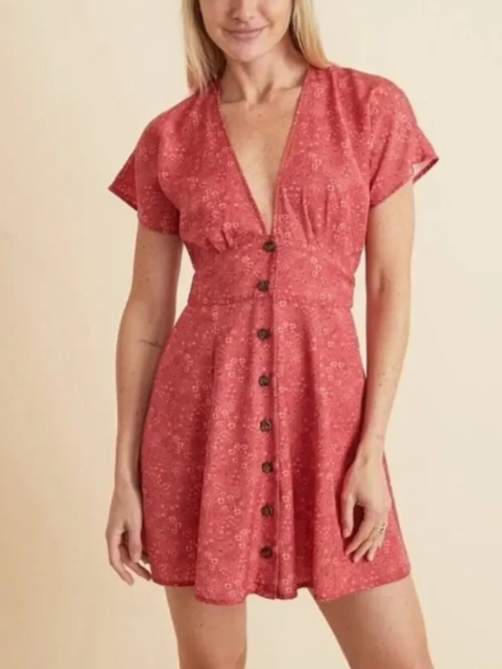 Marine Layer Camila Mini Dress Button Front Tencel V-Neck Red  Floral Sz Medium